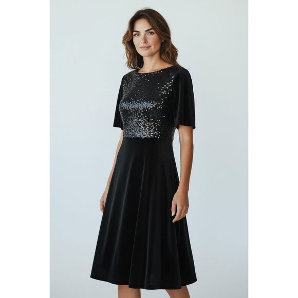 NEW Meetjen Black Velvet Sequin Top Flutter Sleeve Midi Holiday Parties Dress - Picture 1 of 11